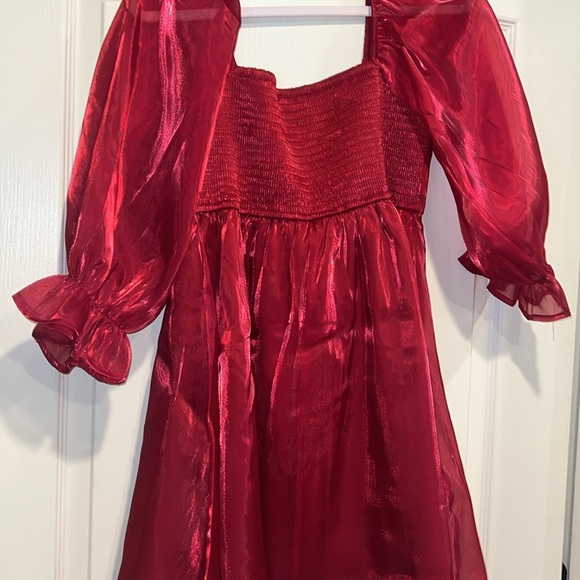 NWT Red Chiffon Baby Doll Dress with Sheer Billowy Sleeves - Picture 8 of 8